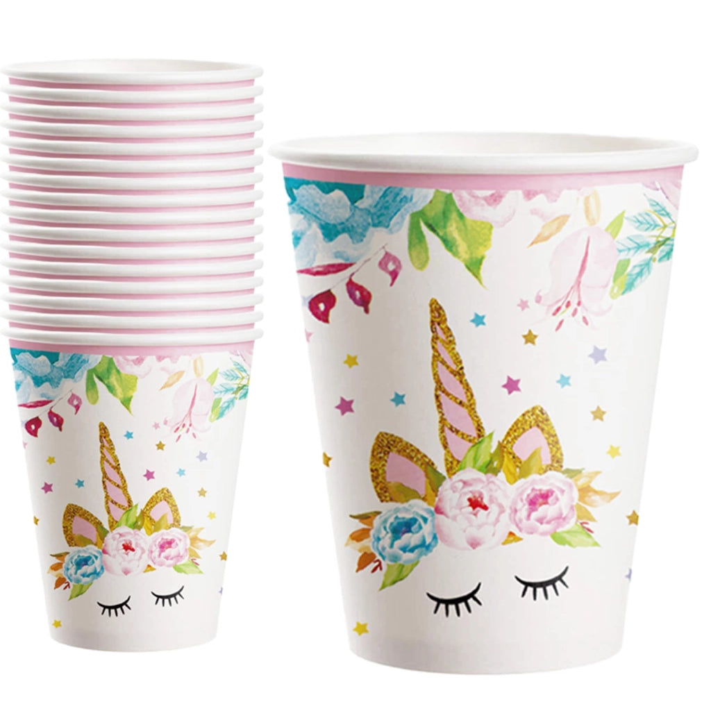 Set di 16 bicchieri di carta unicorno, rosa, decorazione per compleanno, stoviglie per feste per bambine