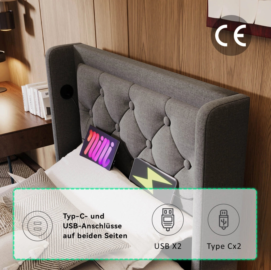 LETTO Contenitore 90x200 cm Grigio in cotone con materasso incluso, USB Tipo C e LED