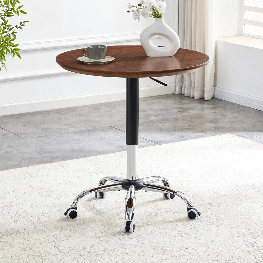 Tavolo alto regolabile con ruote base in metallo cromato piano in MDF effetto noce 70 × 70 × 73.5–98.5 cm