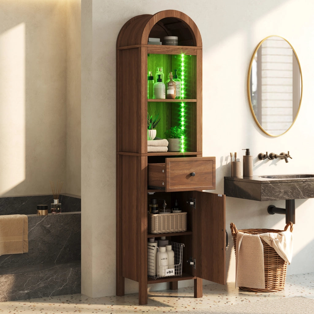 Mobile Colonna Bagno da Terra 40x30x163 cm con LED RGB; Anta Reversibile e Cassetto; in MDF; Color Noce
