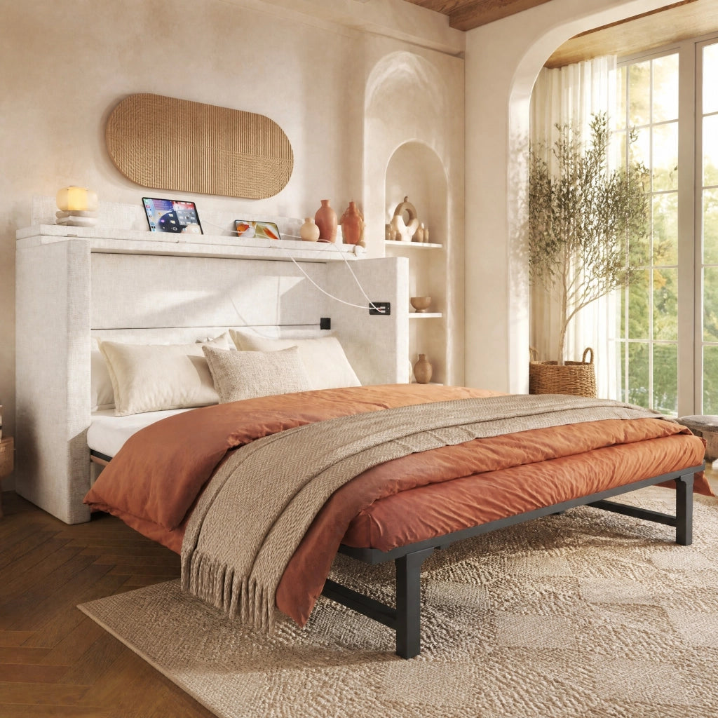 Letto a scomparsa mobile 140x200 cm beige con USB e cassetto