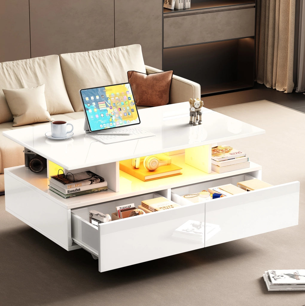 TAVOLINO DA CAFFÈ 90x55x41 cm Bianco lucido con LED e 2 cassetti