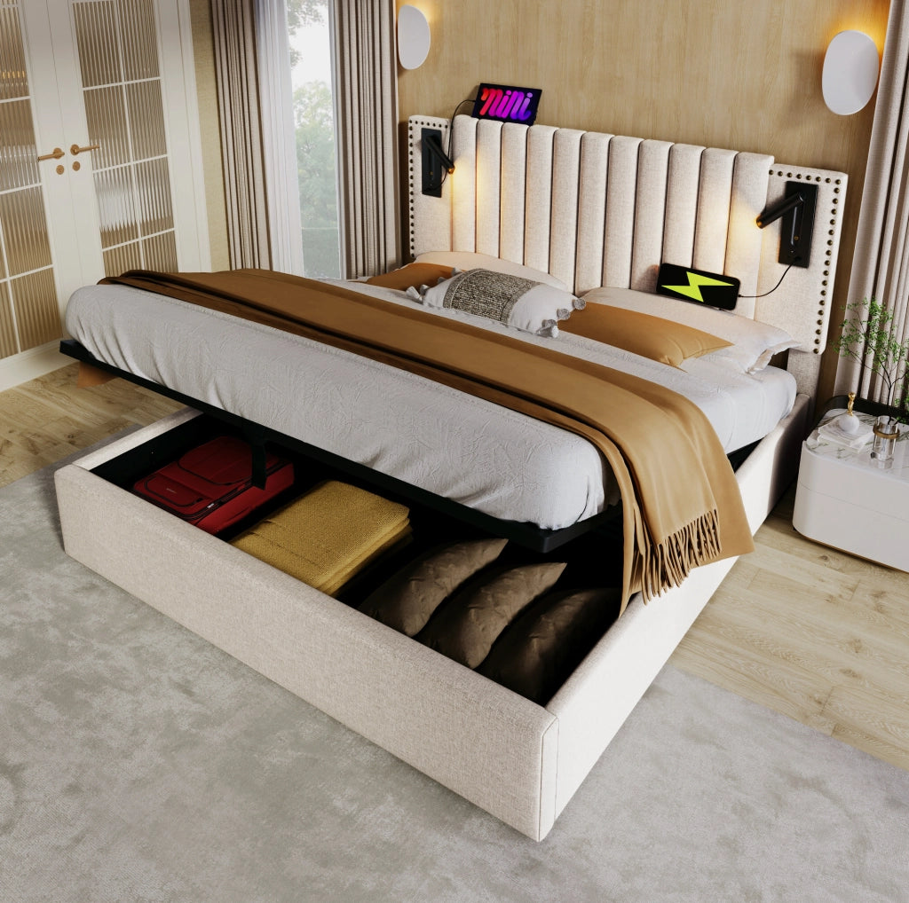 Letto matrimoniale contenitore 180x200 beige con USB e luce