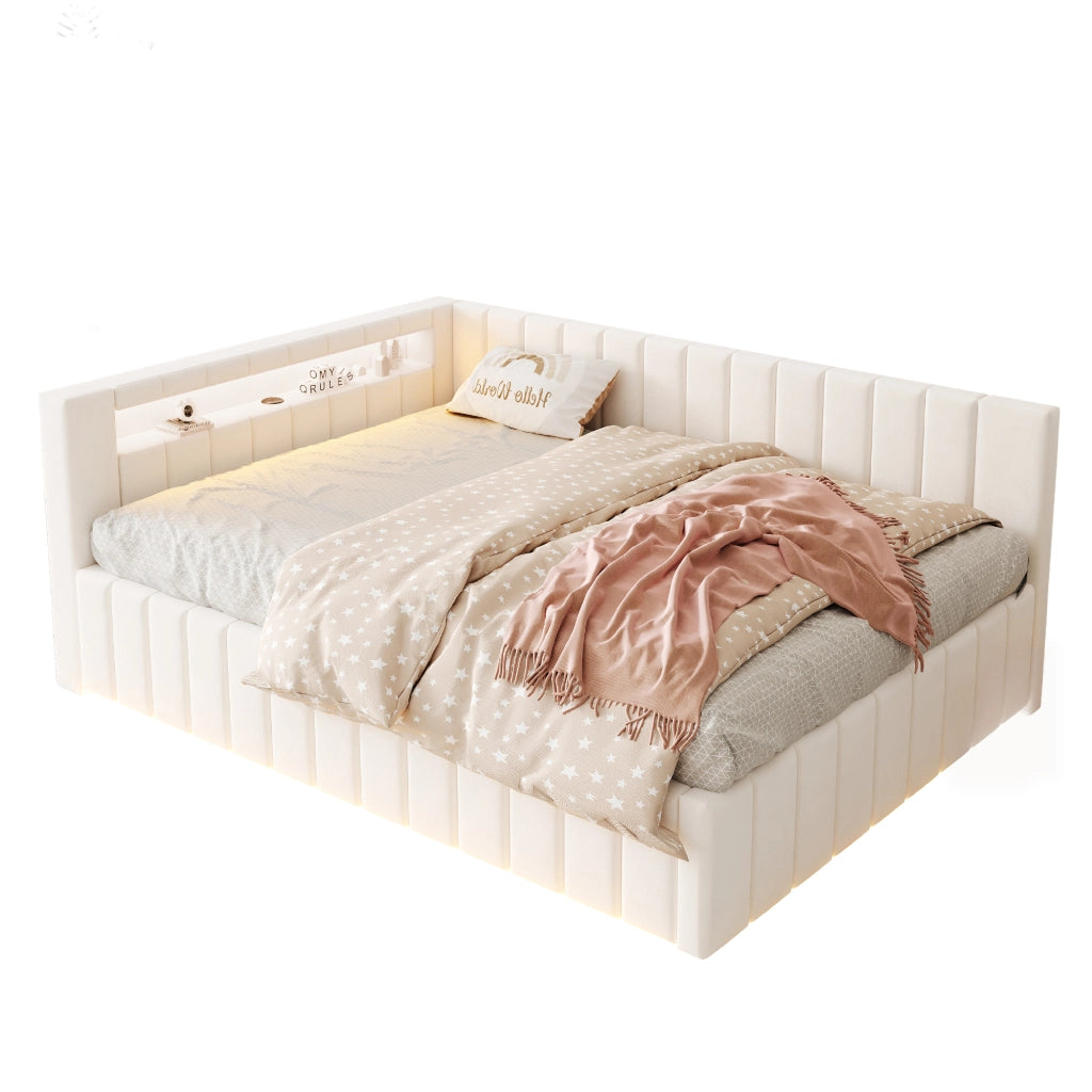 Letto imbottito 140x200 con contenitore idraulico; LED e USB; struttura in velluto beige per camera da letto
