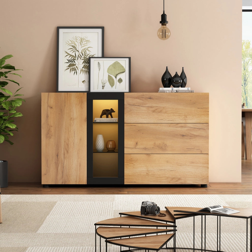 Sideboard moderno 140 cm con LED APP; 3 cassetti; ripiani in vetro; nero e marrone