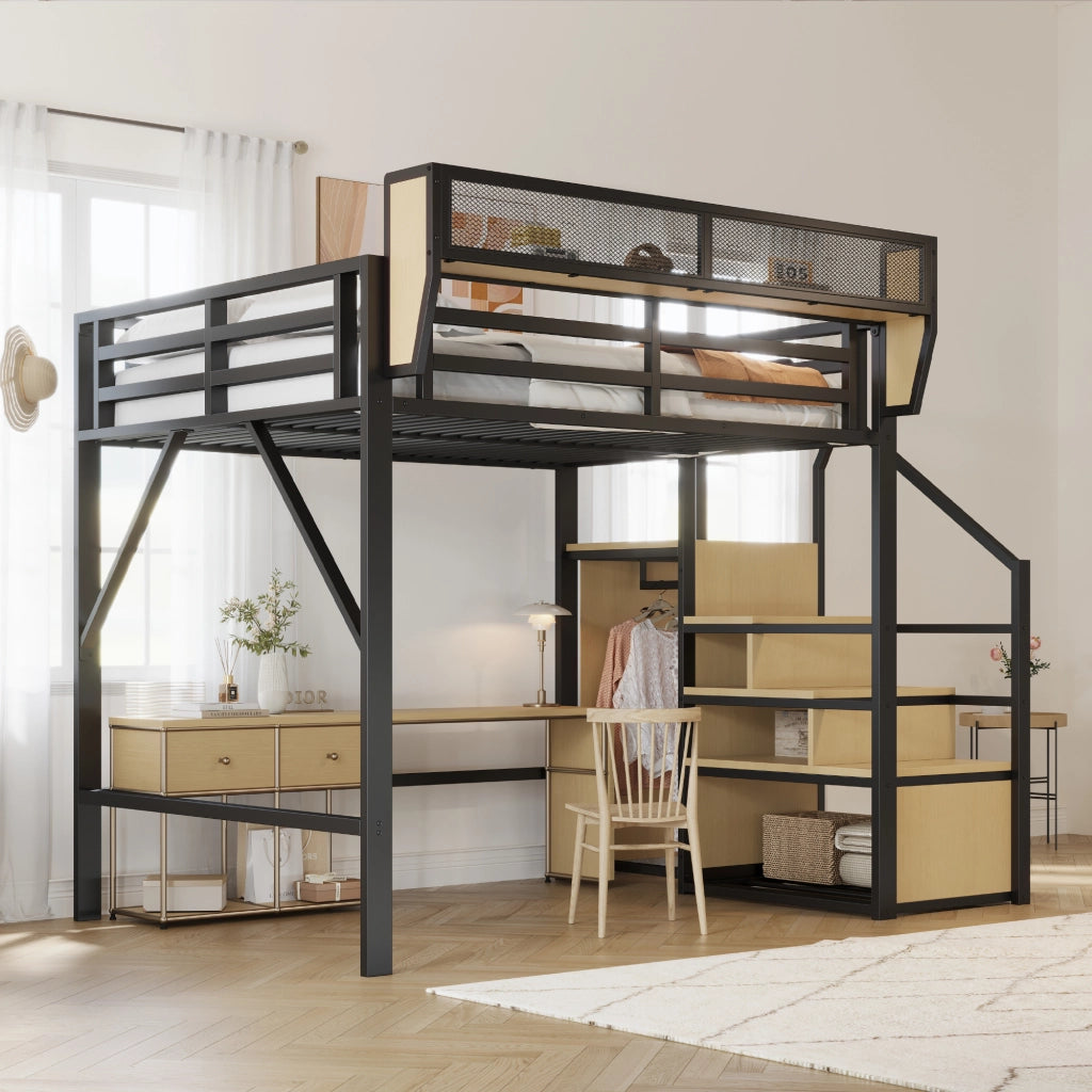 Letto rialzato 140x200 salvaspazio in metallo e MDF; con scala di sicurezza e ripiano regolabile; nero