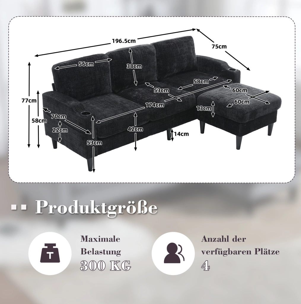 DIVANO 4 POSTI CON POUF CONTENITORE 196,5x75x77 cm CHENILLE NERO
