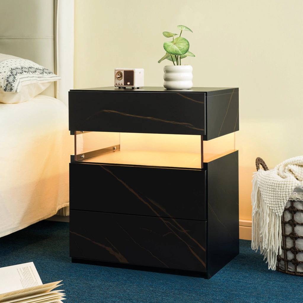 Comodino con LED RGB e 3 cassetti in legno ingegnerizzato nero e oro