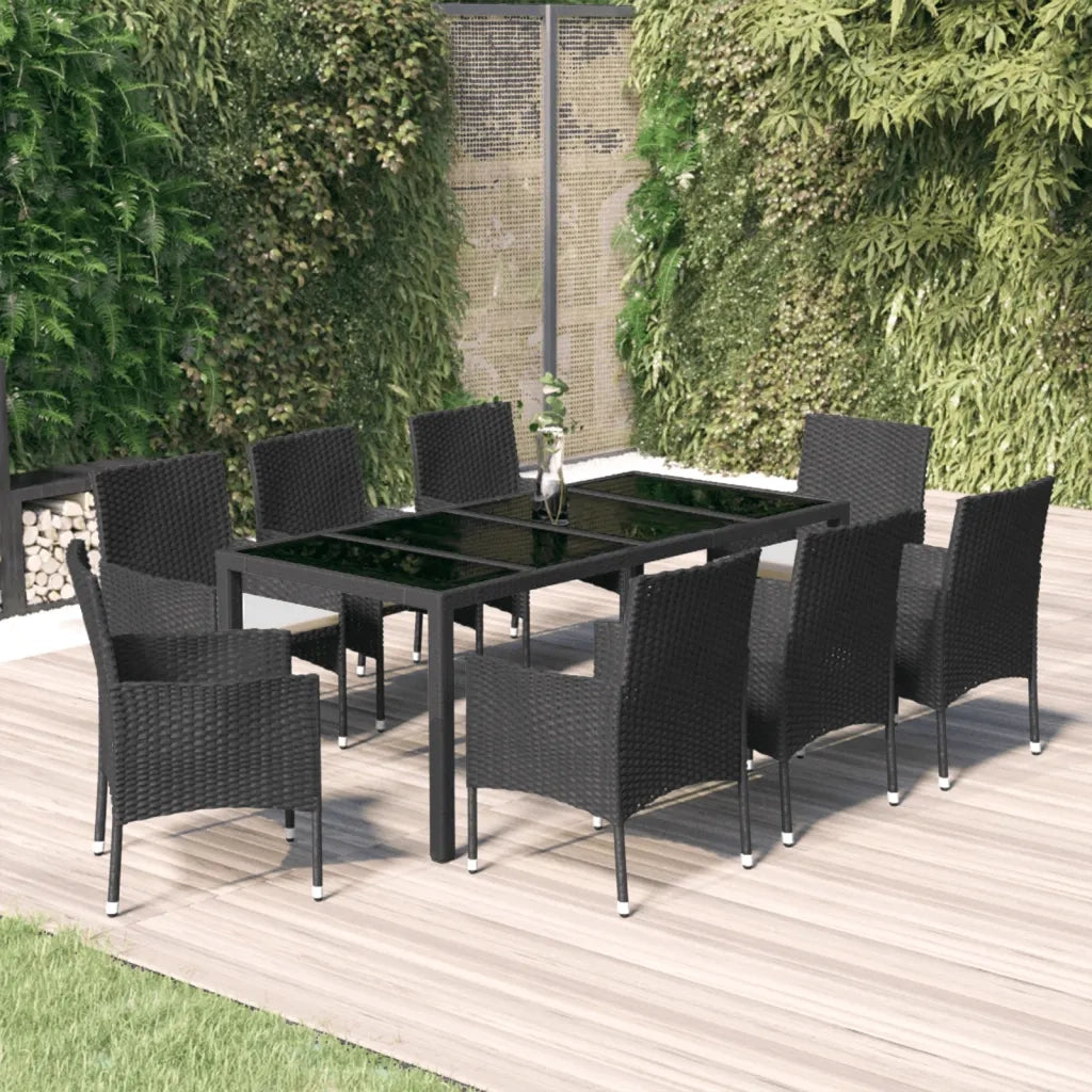 Set da Pranzo da Giardino 9 pz con Cuscini Nero in Polyrattan 3187321
