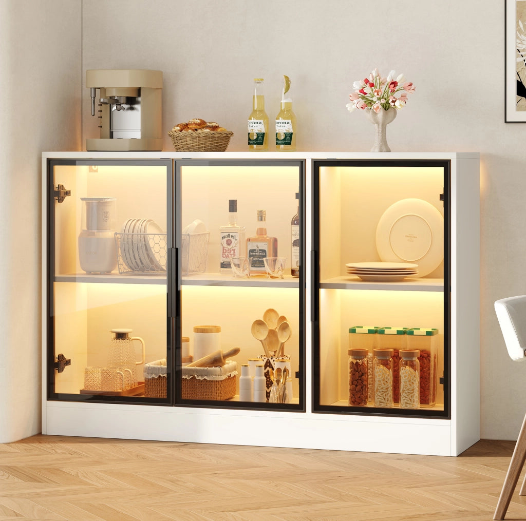 Vetrina LED 120x30x73 cm in truciolare bianco con frontali in vetro grigio