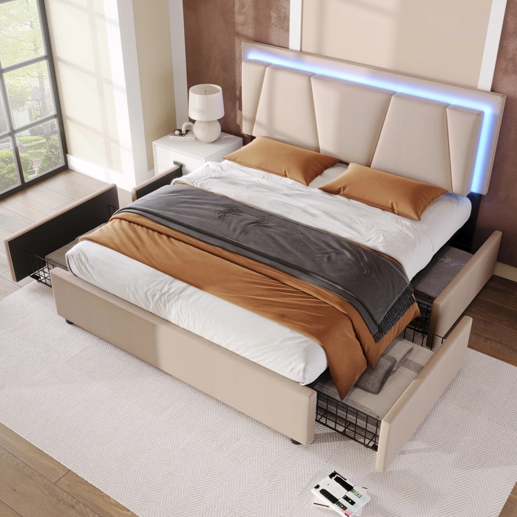 Letto matrimoniale imbottito 160x200 cm beige con 4 cassetti