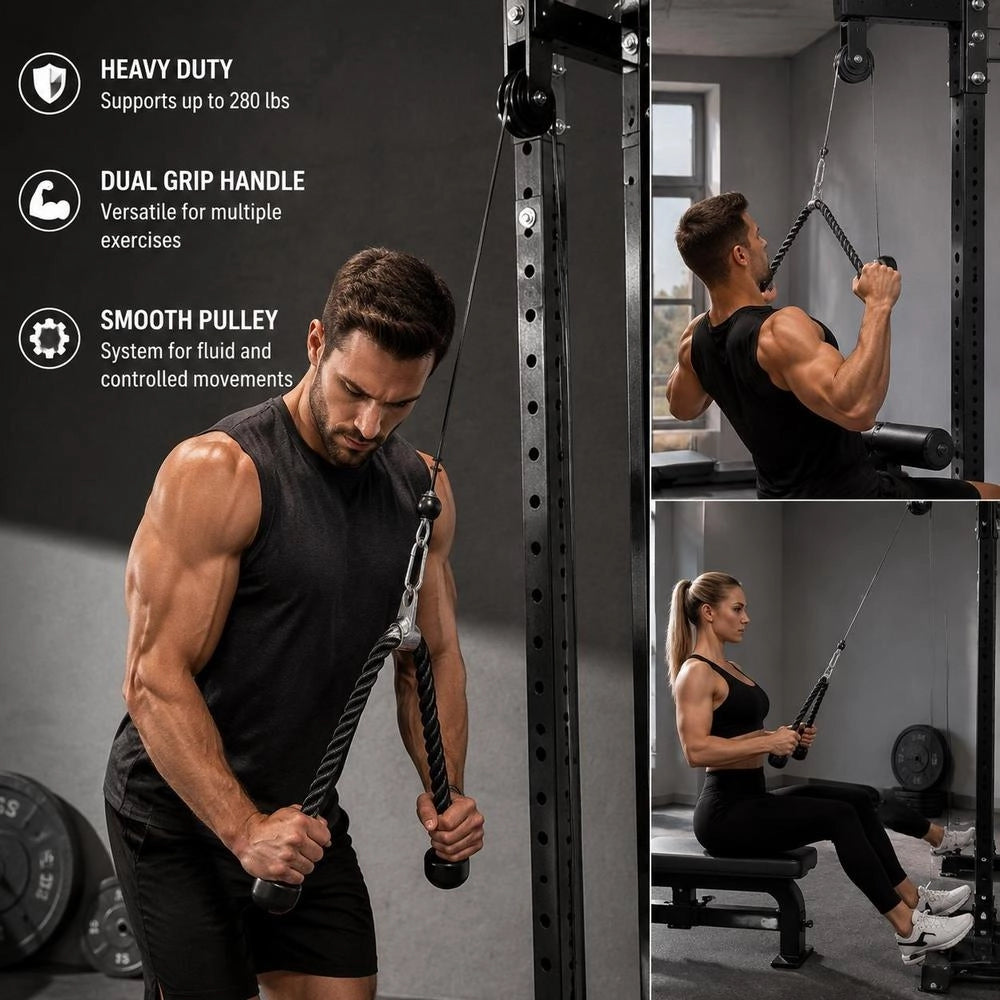Pulley System, 1 PC LAT And Lift Pulley System, Gym Rack Pulleys Attachment With Two Steel Cables, Short Bar, Dual Grip Handles, Cable Machine For Bicep, Shoulder, Back, Up To 280 Lbs Capacity