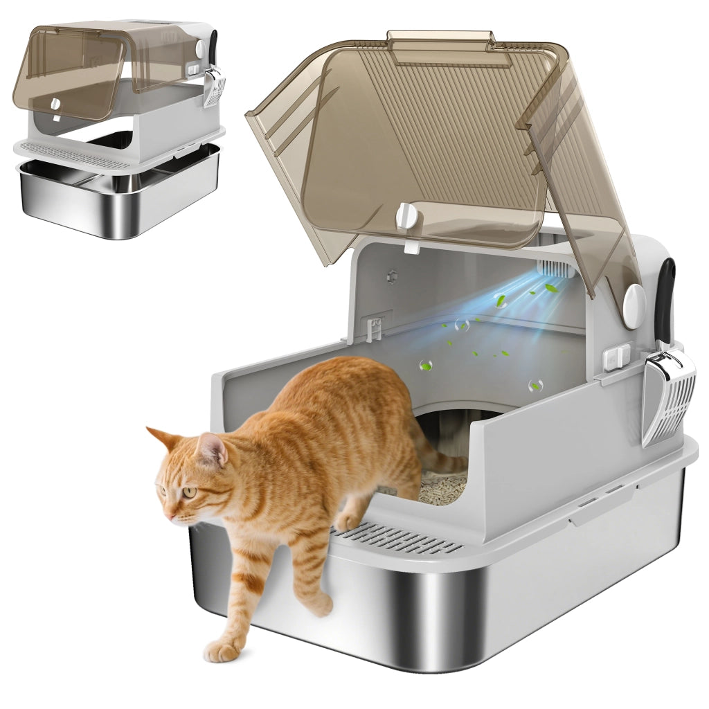 Lettiera Chiusa per Gatti XXL ¨C Xylo ¨C Acciaio Inox, Coperchio 90¡ã, Doppie Porte, 70x50x46.5 cm, Grigio