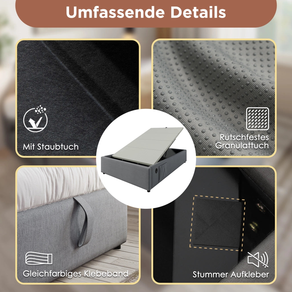 Letto imbottito con contenitore e USB-C, 160x200 cm, cotone grigio