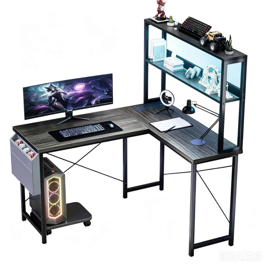 Scrivania per PC a L, scrivania da gaming, prese integrate, doppio ripiano portaoggetti, RGB, design reversibile, grigio