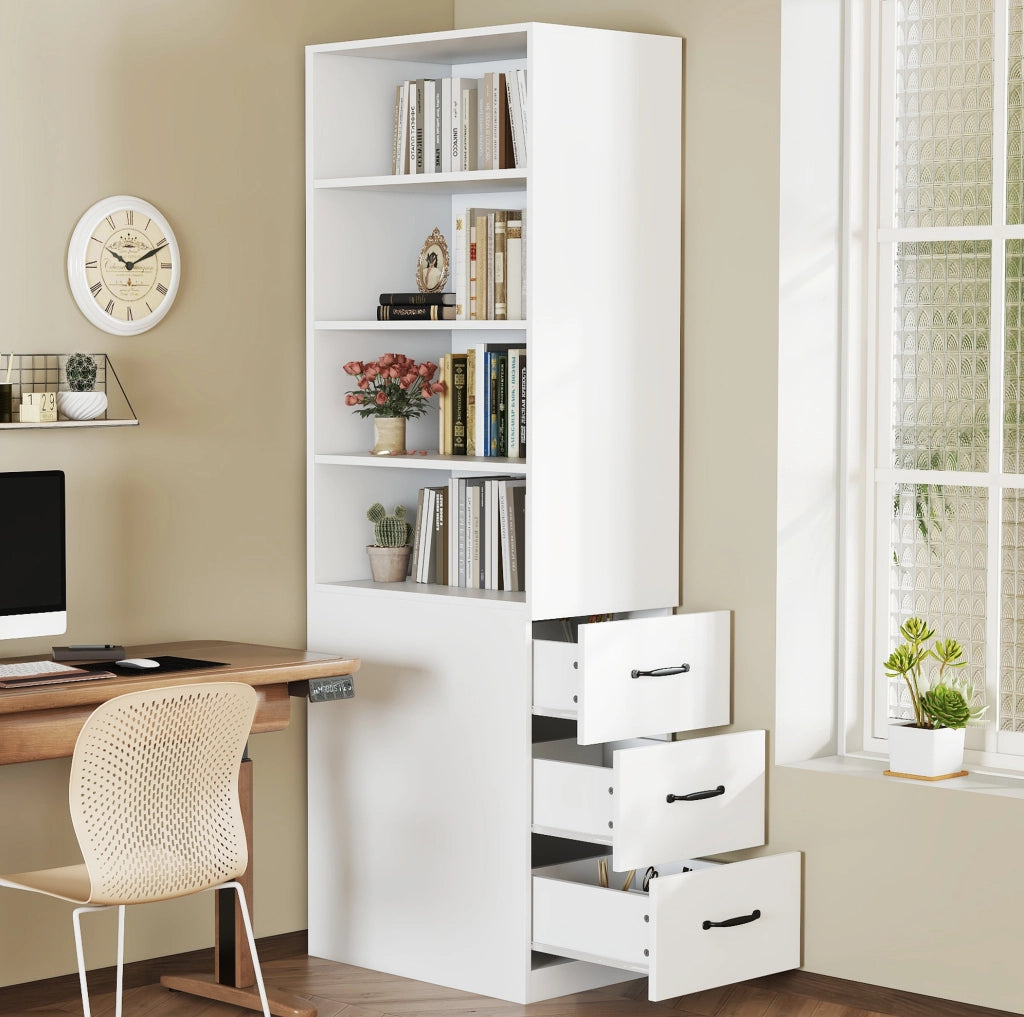 Libreria alta 180 cm slim con 3 cassetti laterali; 4 ripiani; bianco