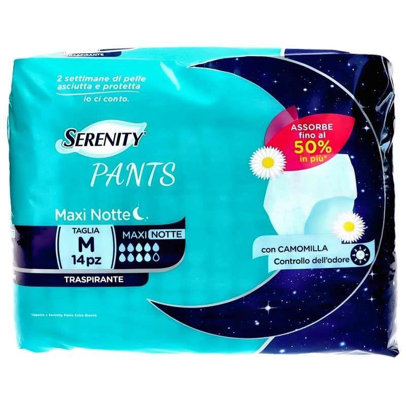 SERENITY PANNOLONE MAXI NOTTE TSGLIA M 14 PEZZI TRASPIRANTE E CONFORTEVOLE CON CAMOMILLA PER UN CONTROLLO DELL' ODORE