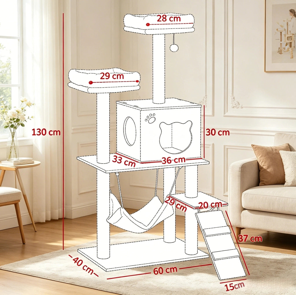 Tiragraffi per Gatti Multilivello con Amaca e Cuccia 60 x 40 x 130 cm Beige e Marrone per Interni
