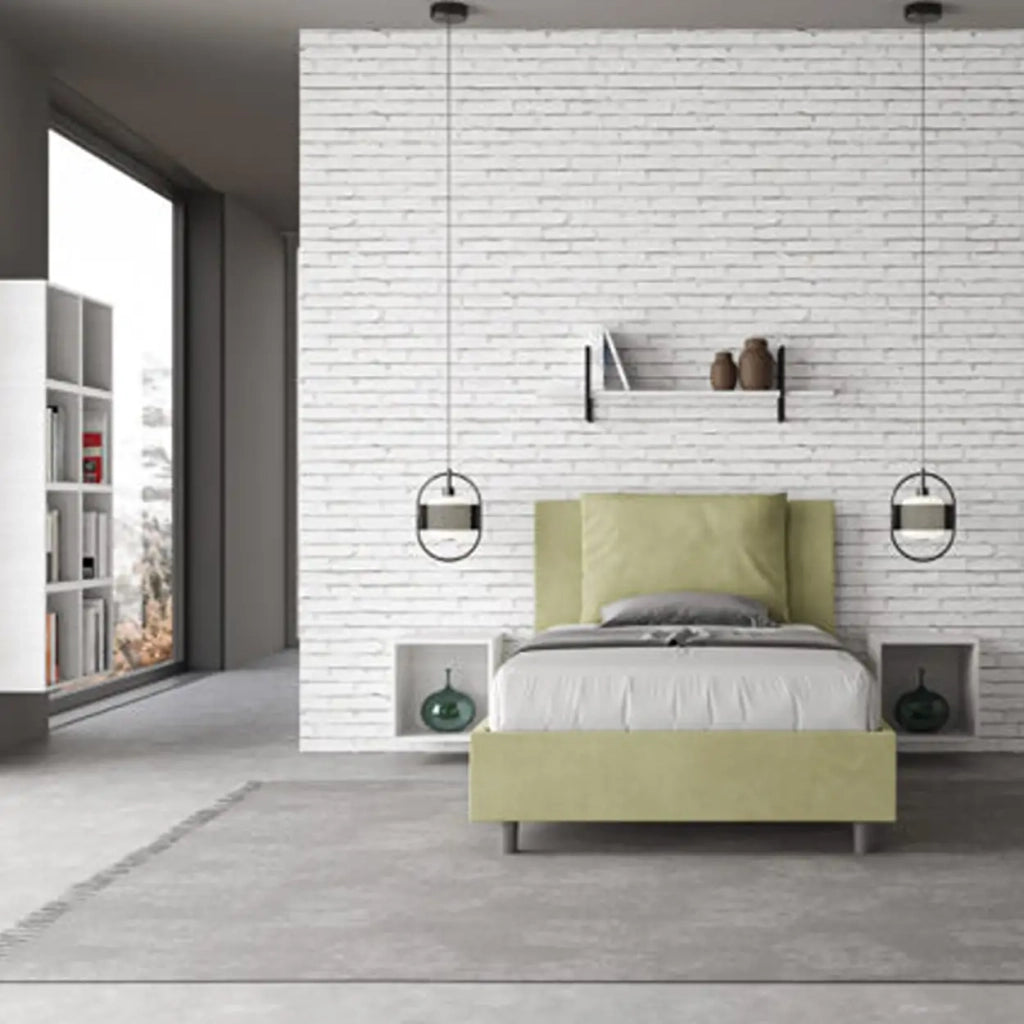 Letto una piazza e mezza contenitore imbottito 120x190 microfibra tè verde Antea