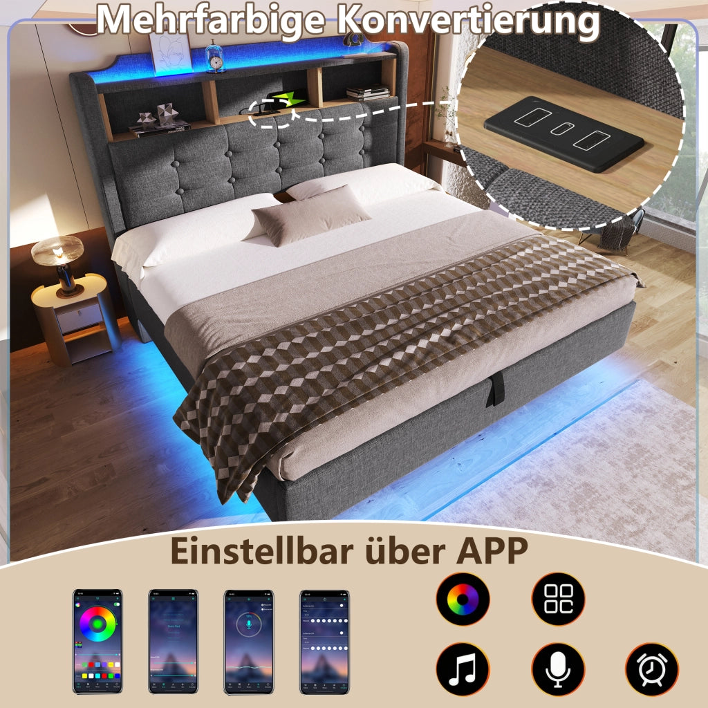 Letto imbottito 140 ¡Á 200 cm con vano idraulico LED USB e tipo C in lino e MDF grigio