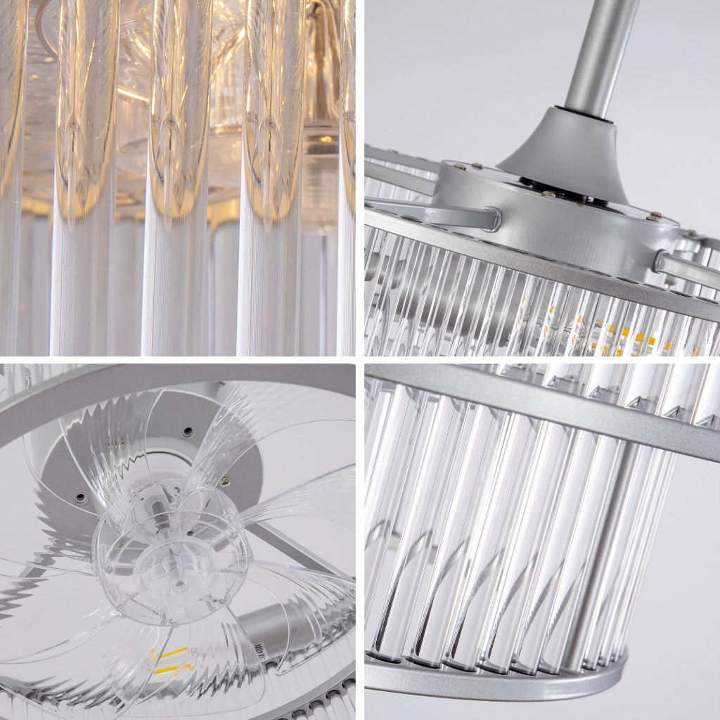 Ventilatore da soffitto con luce a 4 portalampade E26. 6 velocità; app Bluetooth e telecomando; argento