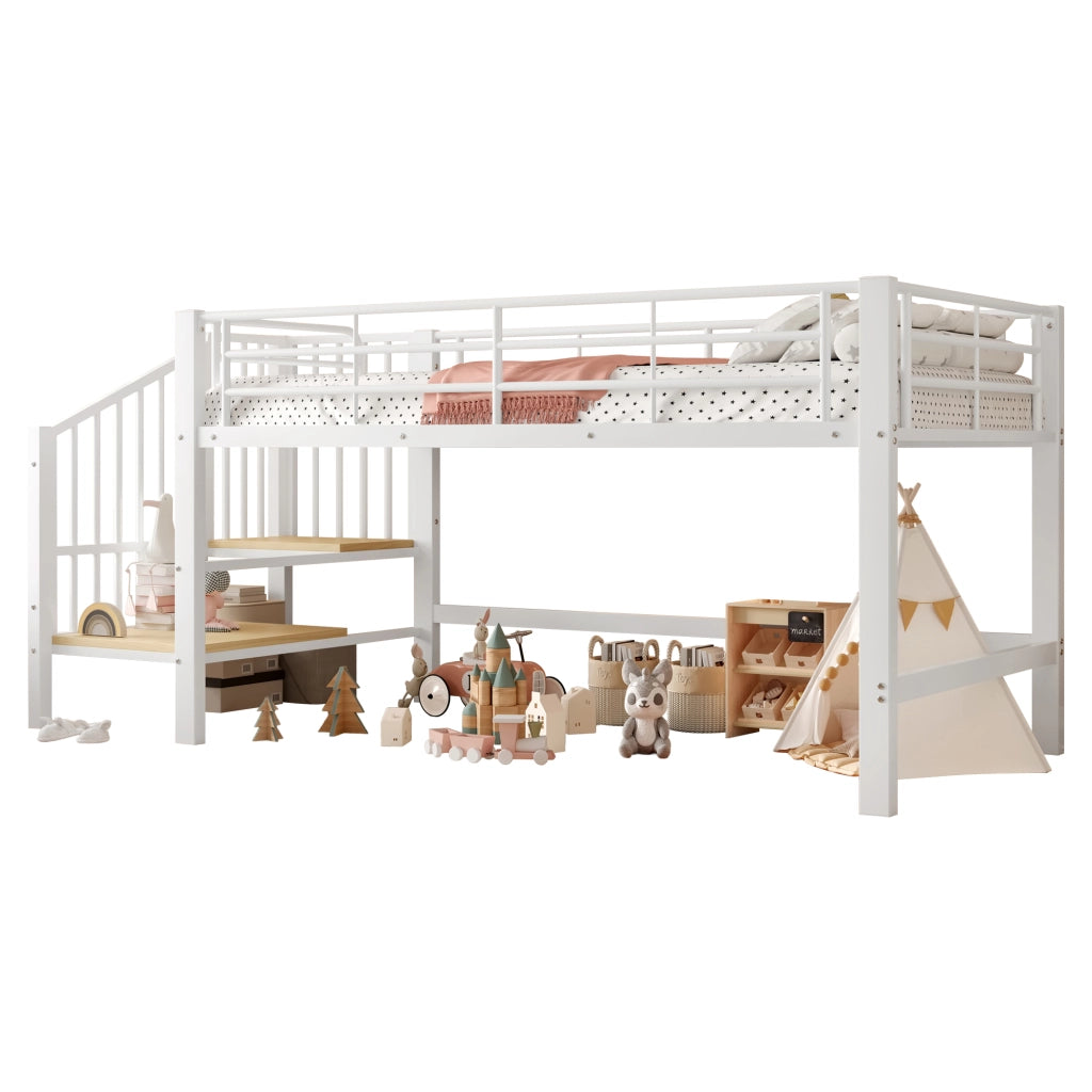 Letto a mezza altezza 90 x 200 cm con scala contenitore - Bianco