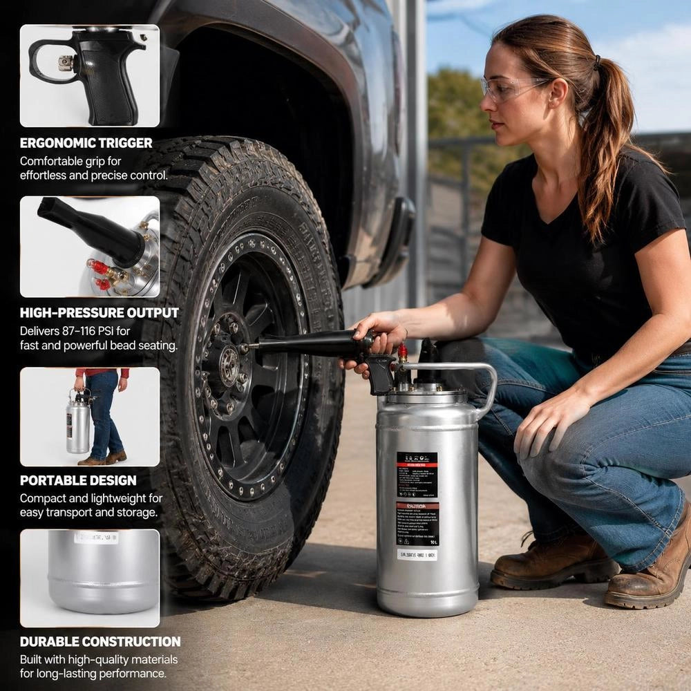 Tire Bead Builder 10 L Air Tire Bead Blaster Hand Tire Inflator, Improved Portable Tire Inflator, 0.6-0.8 MPa For Car Motorcycle SUV Pickup ATV Silver