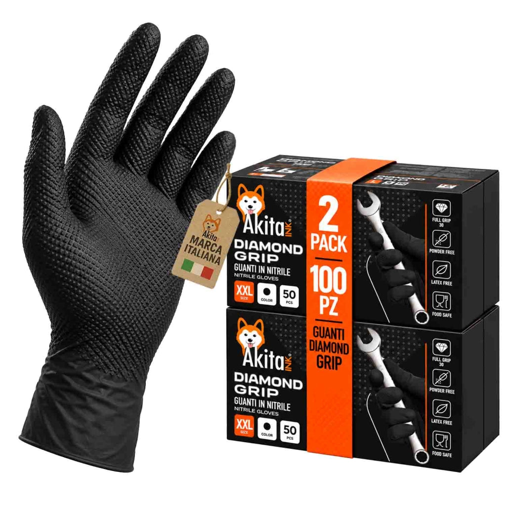 Akitaink 100 Guanti Diamond Grip in Nitrile Nero Taglia XXL