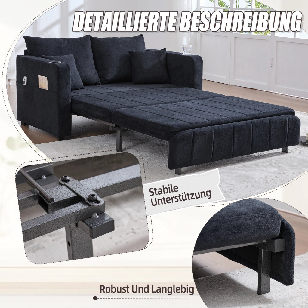 Divano letto 2 posti 139 cm, 4 cuscini, tasche contenitore, ciniglia nera, USB
