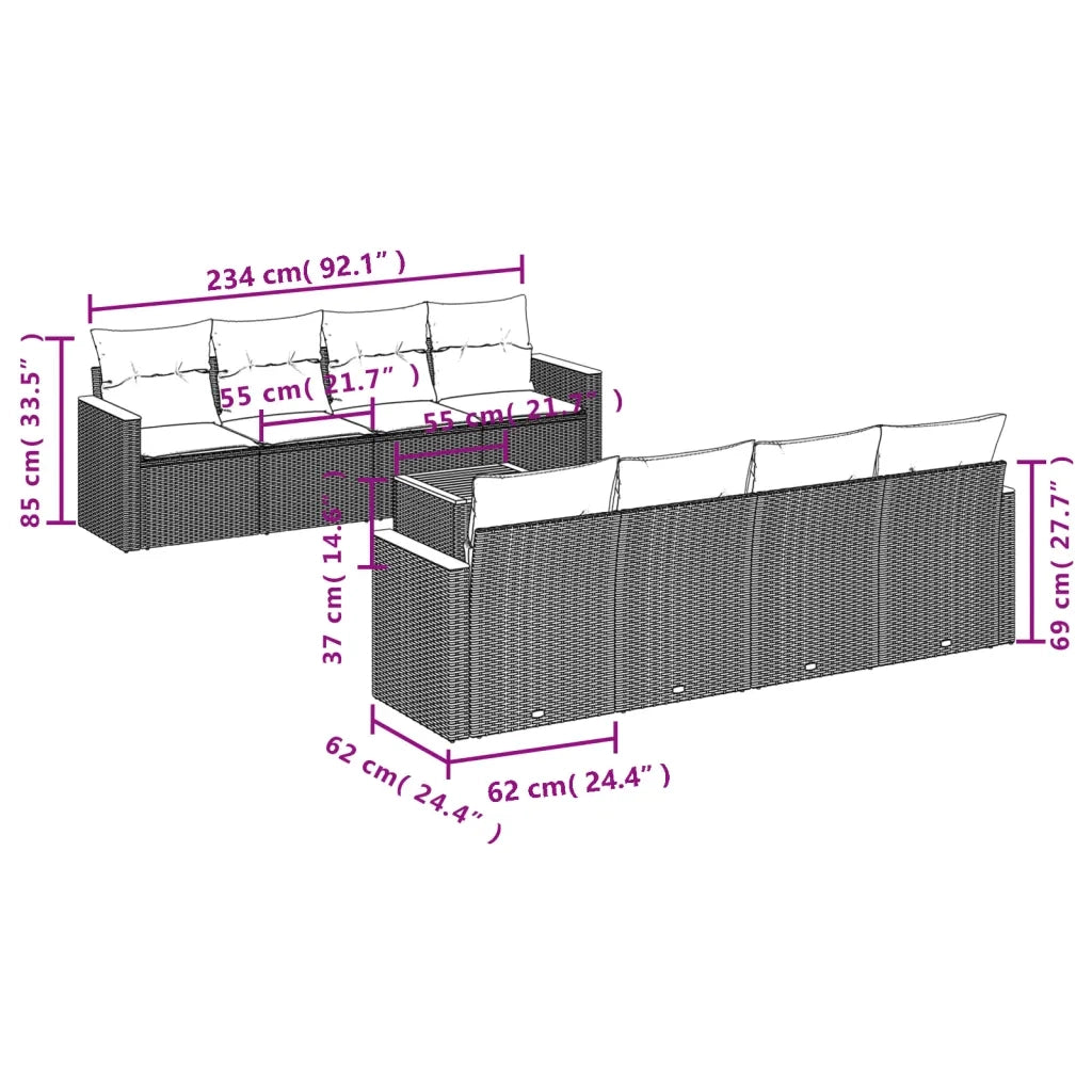 Set Divano da Giardino 9 pz con Cuscini Beige in Polyrattan