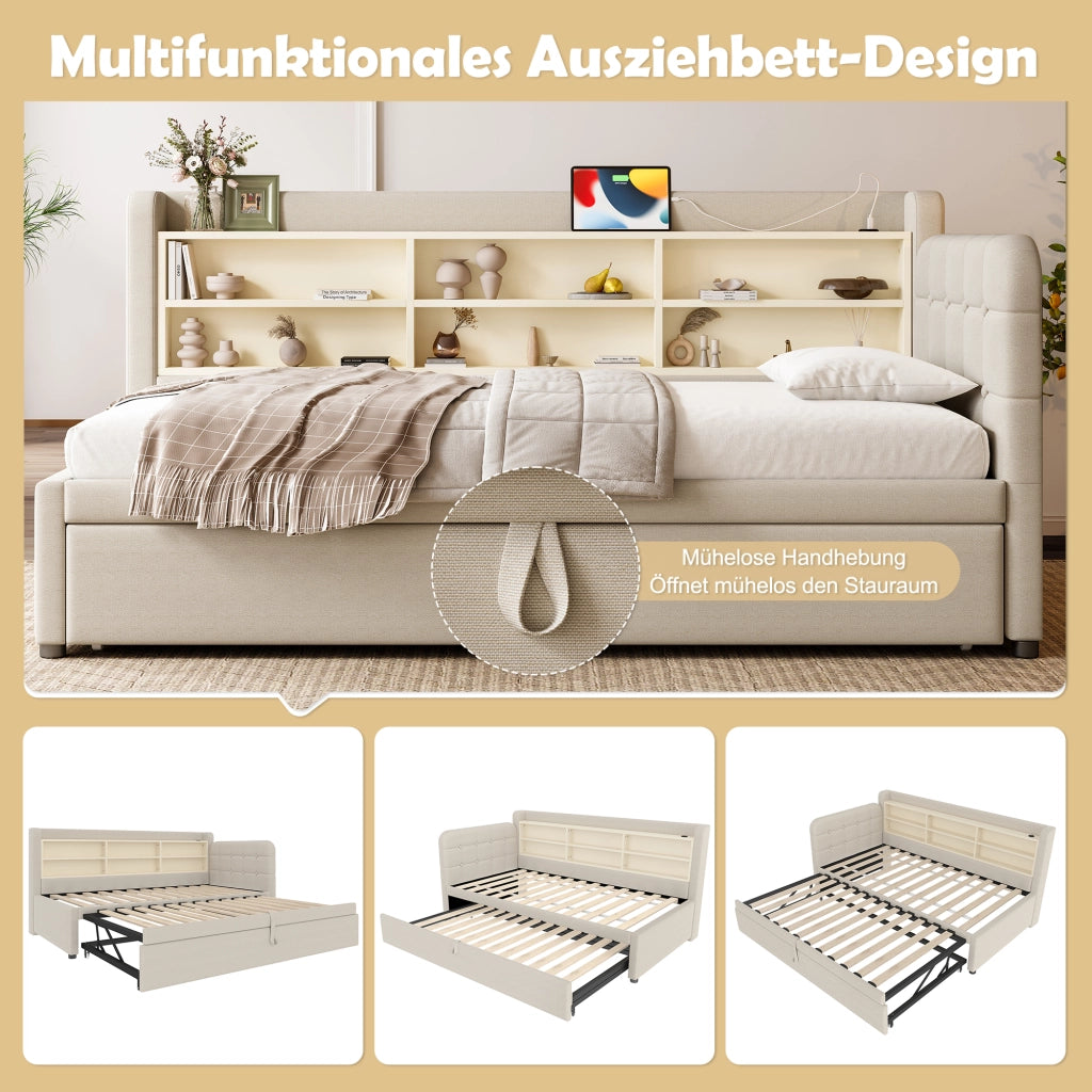 Letto singolo estraibile con USB e Type-C in lino beige con rete a doghe e ripiani integrati