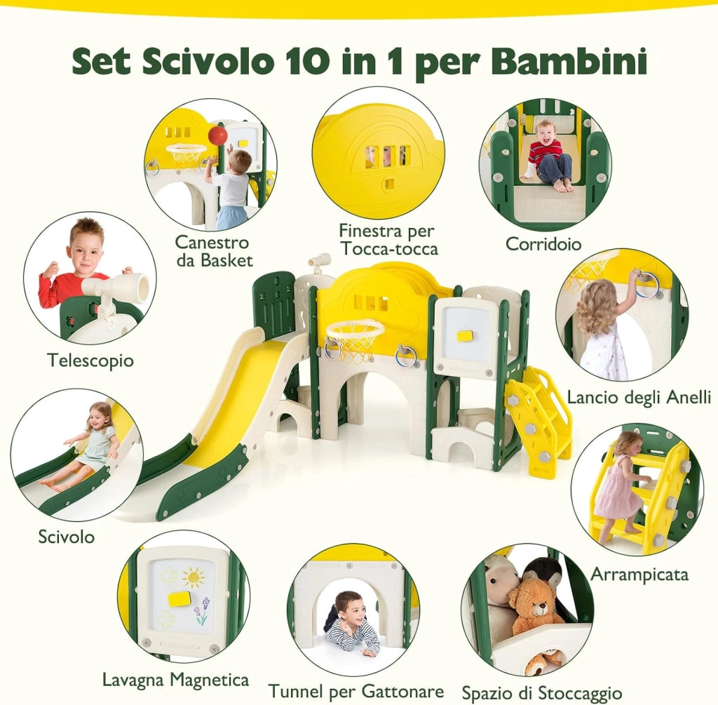 10 in 1 Set Scivolo per Bambini, Parco Giochi per 18 Mesi+ (Giallo)
Scivolo e Arrampicata con Lavagna Magnetica, Telescopio, Lancio ad Anelli, Canestro da Basket, Tunnel