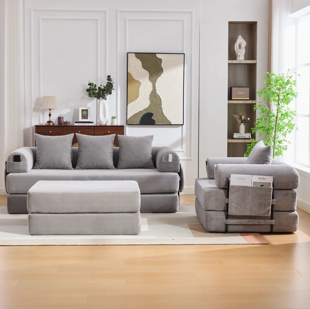 DIVANO modulare in corda grigio chiaro con pouf e cuscini