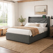 Letto singolo imbottito con contenitore 90x200 cm, USB e Type-C, grigio