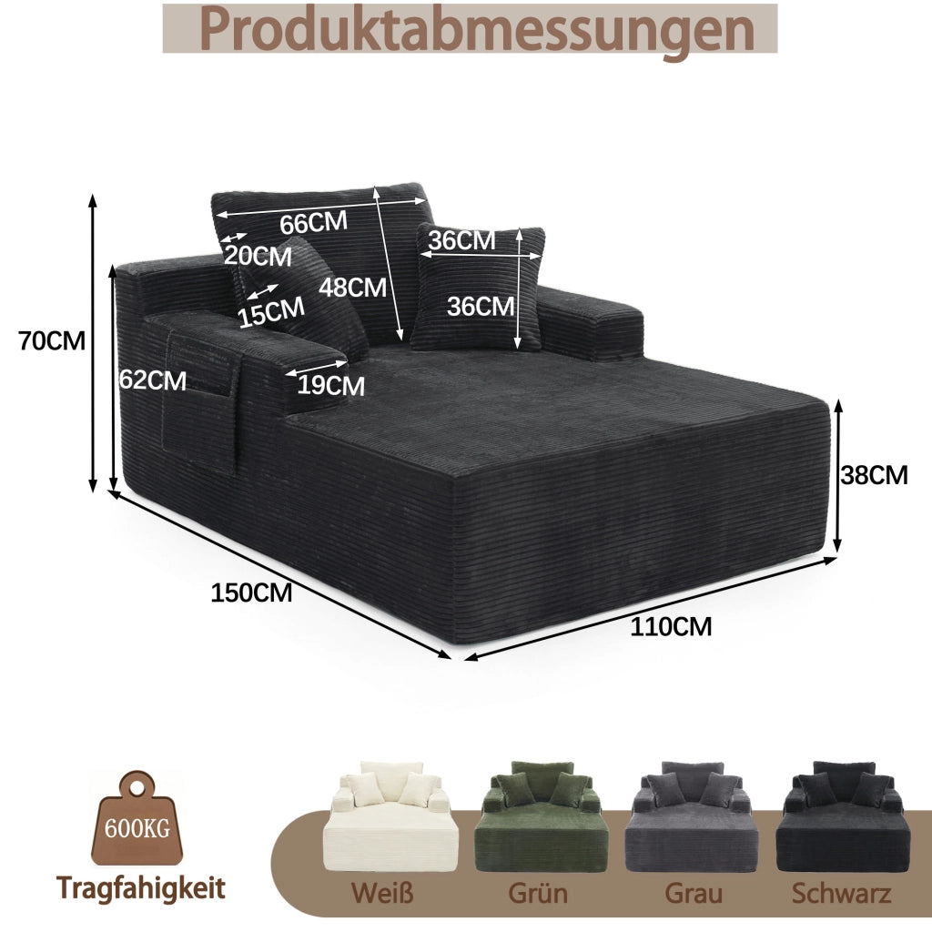 Divano Letto Convertibile con Tasche Laterali, Cuscini, in Corduroy Nero