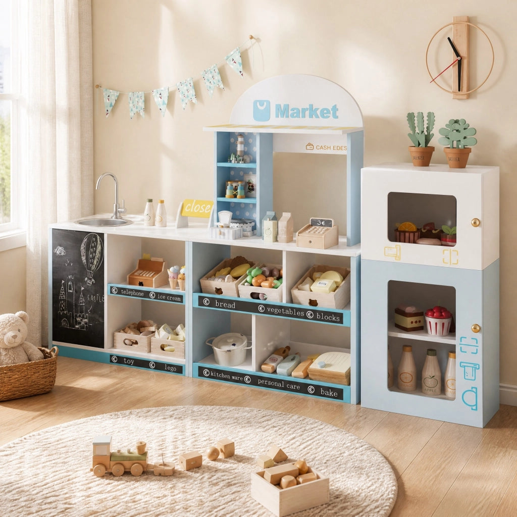 Negozio giocattolo per bambini con scaffali frigorifero lavagna scrivibile bancone laterale e rubinetto blu in MDF