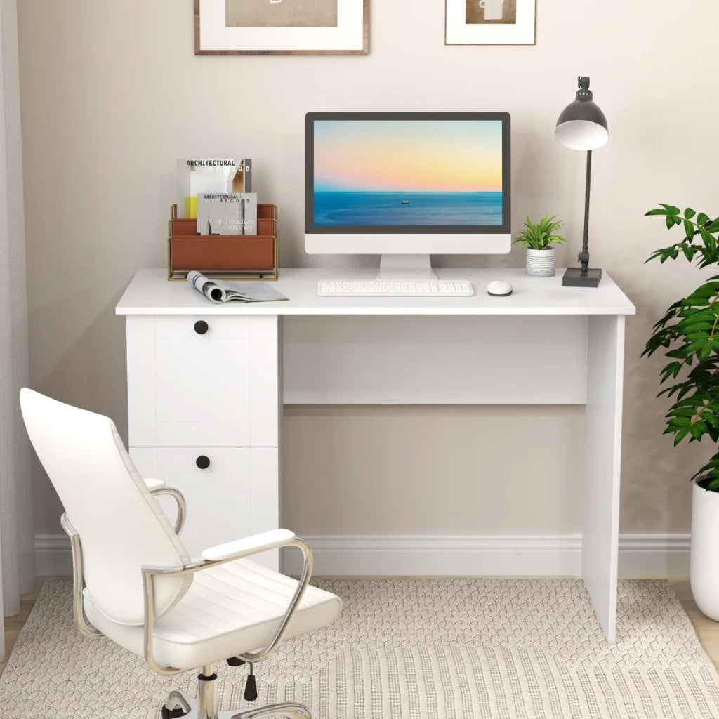 Scrivania per computer con 2 cassetti tavolo da studio compatto e postazione di lavoro per ufficio bianco