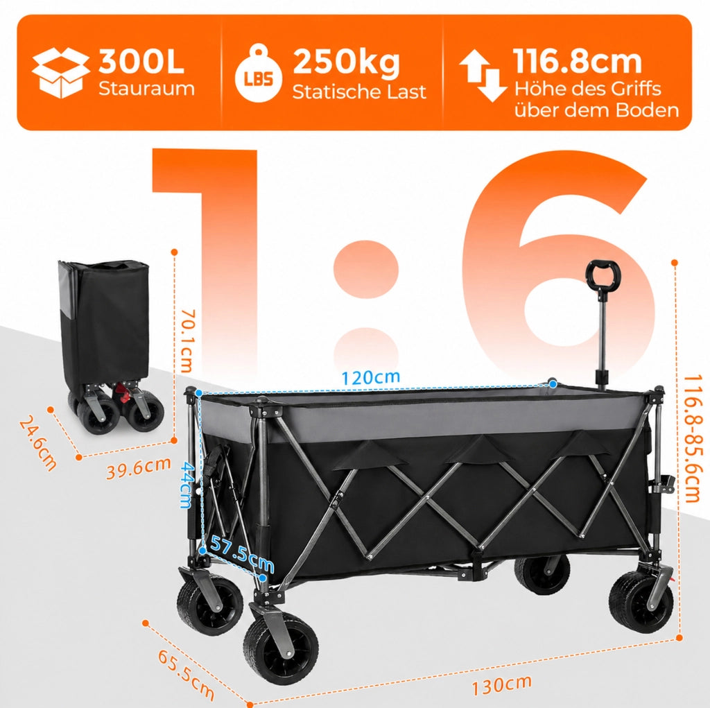Carrello pieghevole XXL 300L in acciaio con ruote fuoristrada e freni, nero/grigio