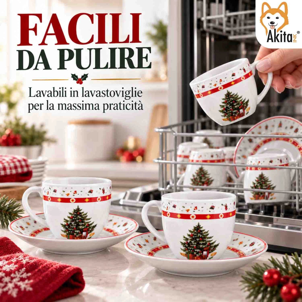 Akitaink 6 Tazzine da Caffe' Christmas Tree con Piattino 90 ml