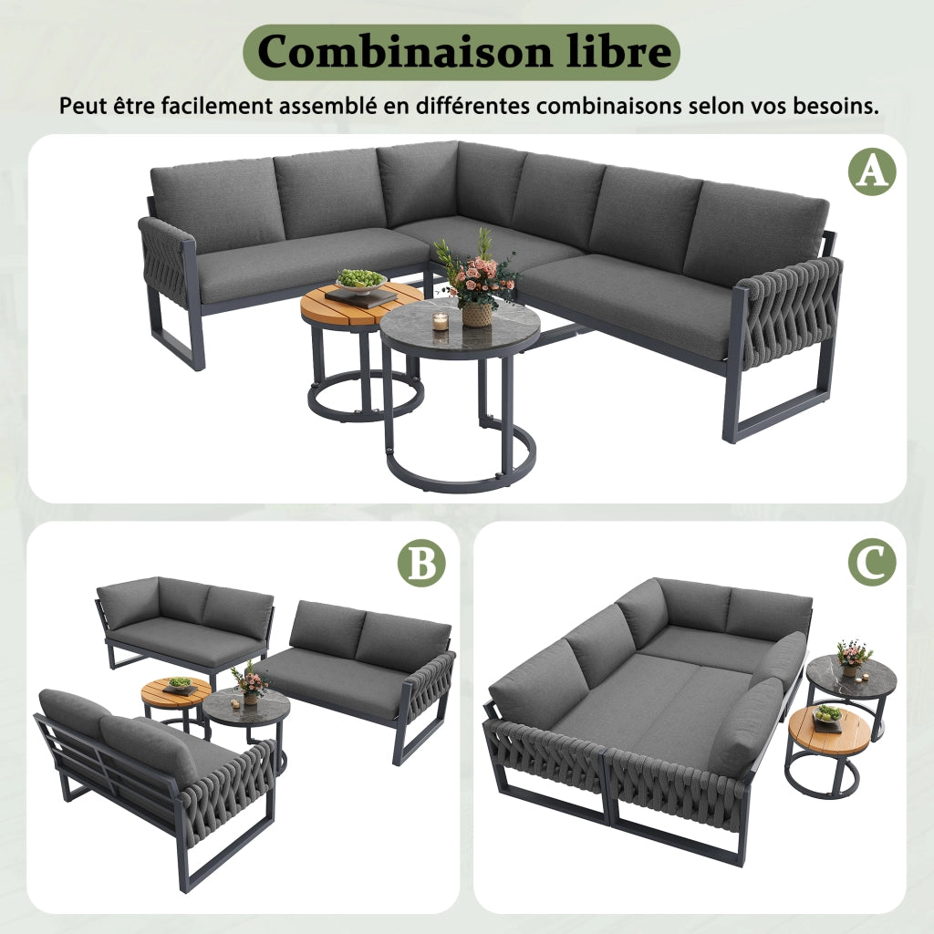 Set lounge da giardino modulare grigio con 2 tavolini regolabili e cuscini sfoderabili in olefina
