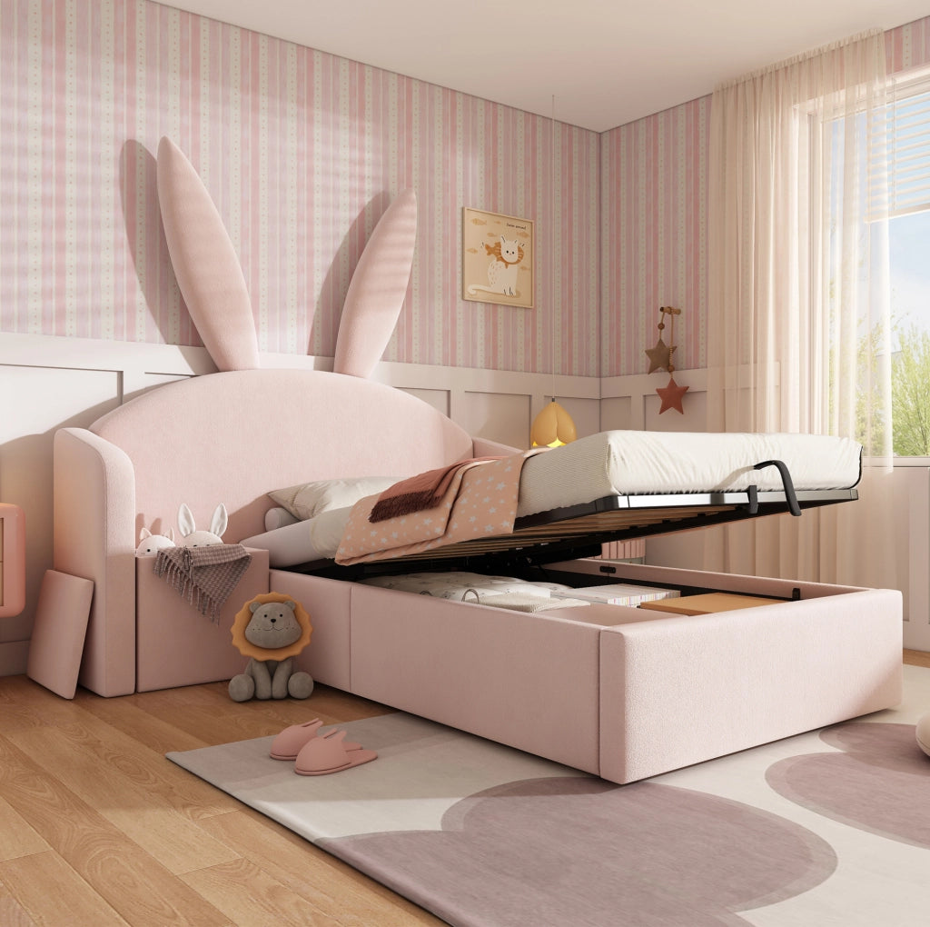 Letto 90x190 cm con contenitore e comodino in velluto rosa