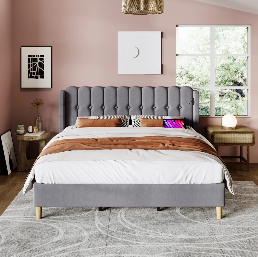 LETTO imbottito 160x200 cm in lino grigio con USB e Type-C