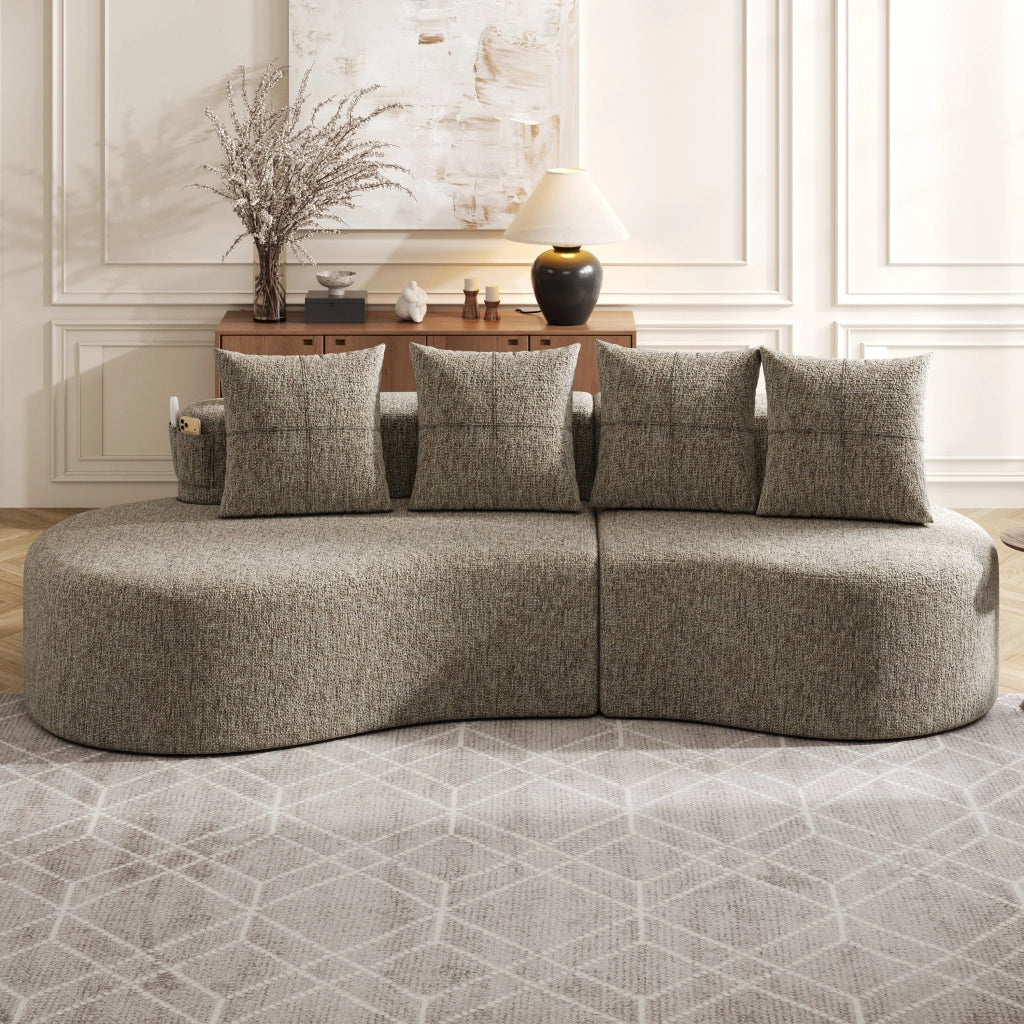 Divano in lino color kaki con 4 cuscini, portabevande e tasche laterali