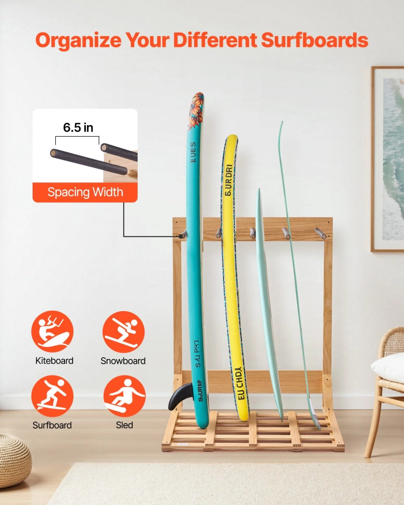 Supporto Verticale per Tavole da Surf a 4 Livelli SSSVS-03, Rastrelliera Autoportante in Legno di Pino Naturale per Snowboard e Wakeboard, Robusto