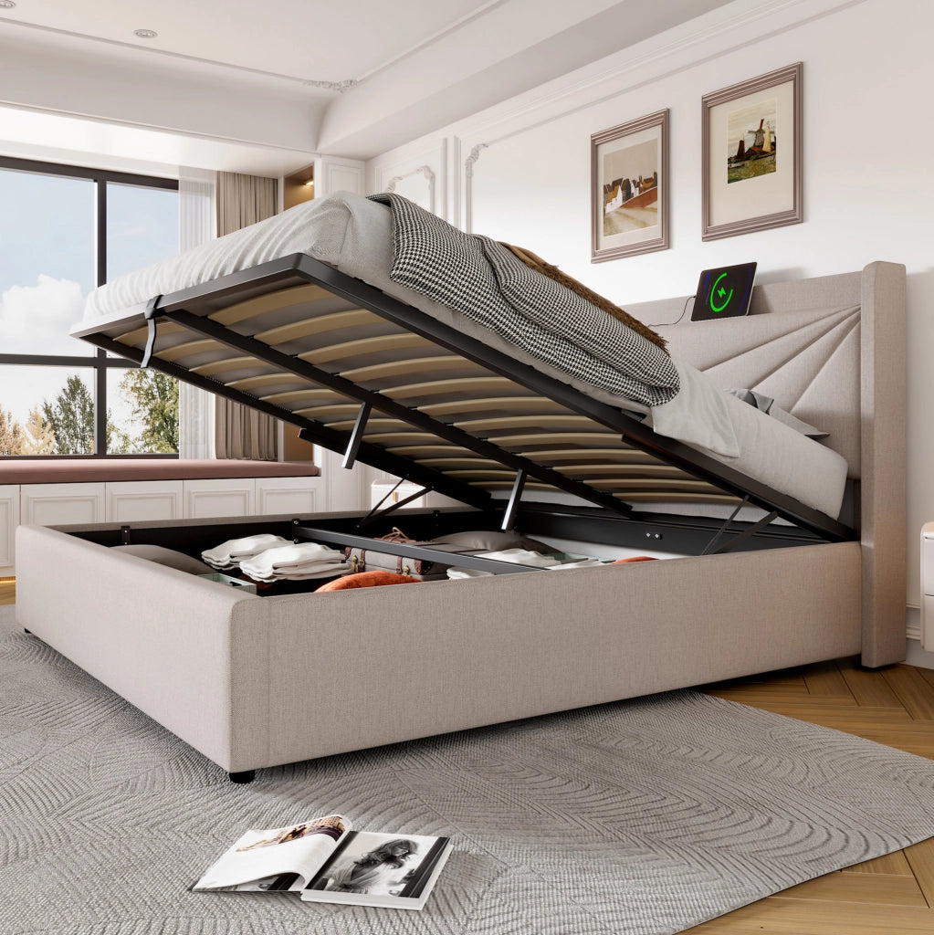 LETTO Contenitore 160x200 cm con USB e USB-C Beige in cotone e lino