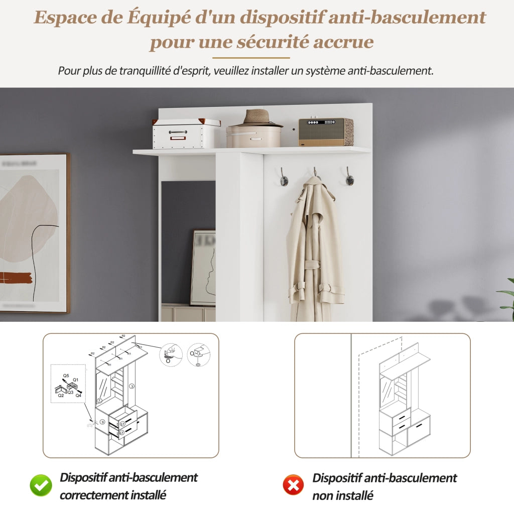 Mobile ingresso con scarpiera e specchio guardaroba bianco 90x30x180 cm in MDF