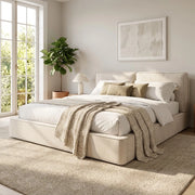 Letto matrimoniale imbottito con contenitore idraulico, chenille beige