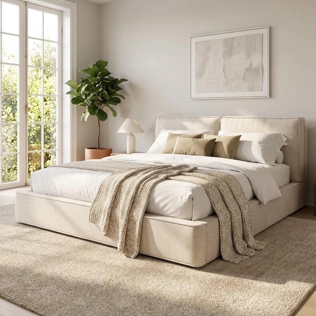 Letto matrimoniale imbottito con contenitore idraulico, chenille beige