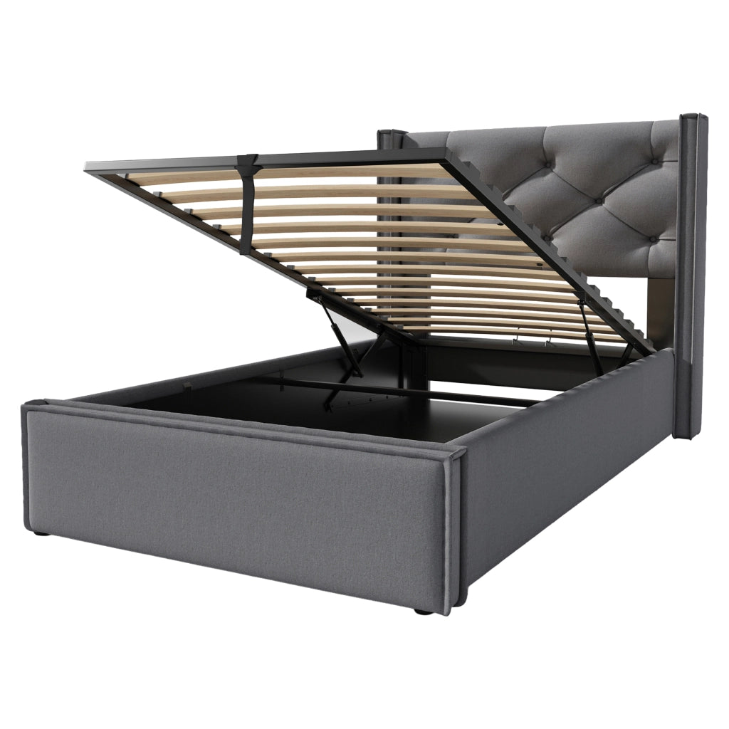 Letto singolo imbottito 90x200 con contenitore e rete sollevabile; cotone grigio