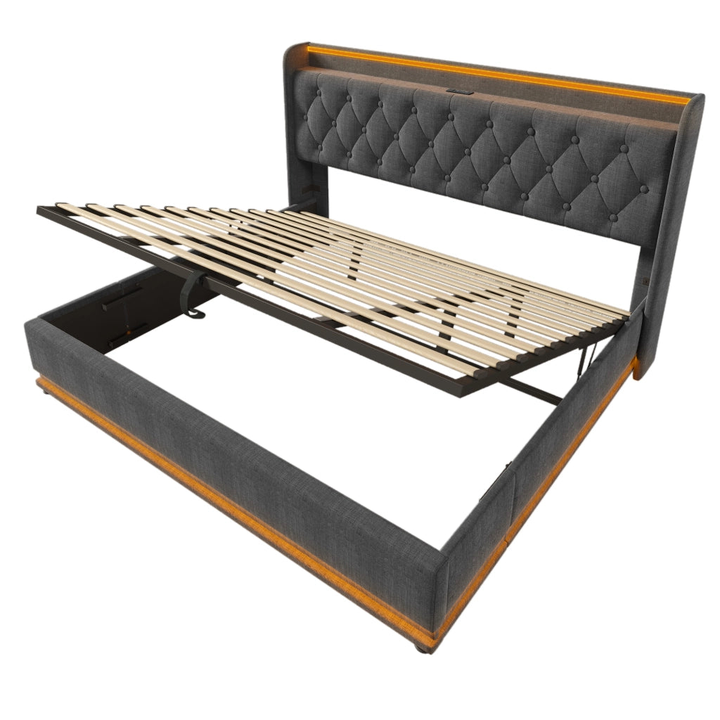 Letto imbottito grigio 180x200 cm con contenitore idraulico; LED e USB Tipo-C